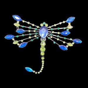 Vintage Giant Dragonfly Brooch Avon Blue and Green Rhinestones Signs of Repairs